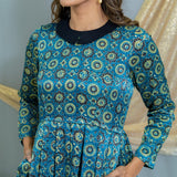 Indigo Ajrakh Handblock Printed Mashru Silk Dress with Black Collar