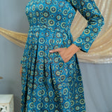 Indigo Ajrakh Handblock Printed Mashru Silk Dress with Black Collar