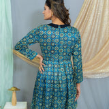 Indigo Ajrakh Handblock Printed Mashru Silk Dress with Black Collar