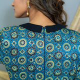 Indigo Ajrakh Handblock Printed Mashru Silk Dress with Black Collar