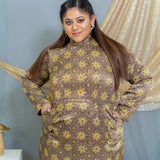 Beige Ajrakh Handblock Printed Mashru Silk Dress with Shoulder Zip