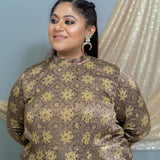 Beige Ajrakh Handblock Printed Mashru Silk Dress with Shoulder Zip