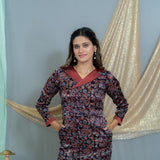 Black Ajrakh Handblock Printed  Mashru Silk Floral Dress with Maroon Coat Collar