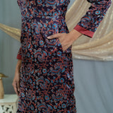 Black Ajrakh Handblock Printed  Mashru Silk Floral Dress with Maroon Coat Collar