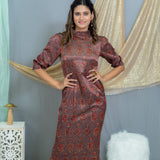 Rose Pink Ajrakh Handblock Printed Mashru Silk Turtle Neck Dress