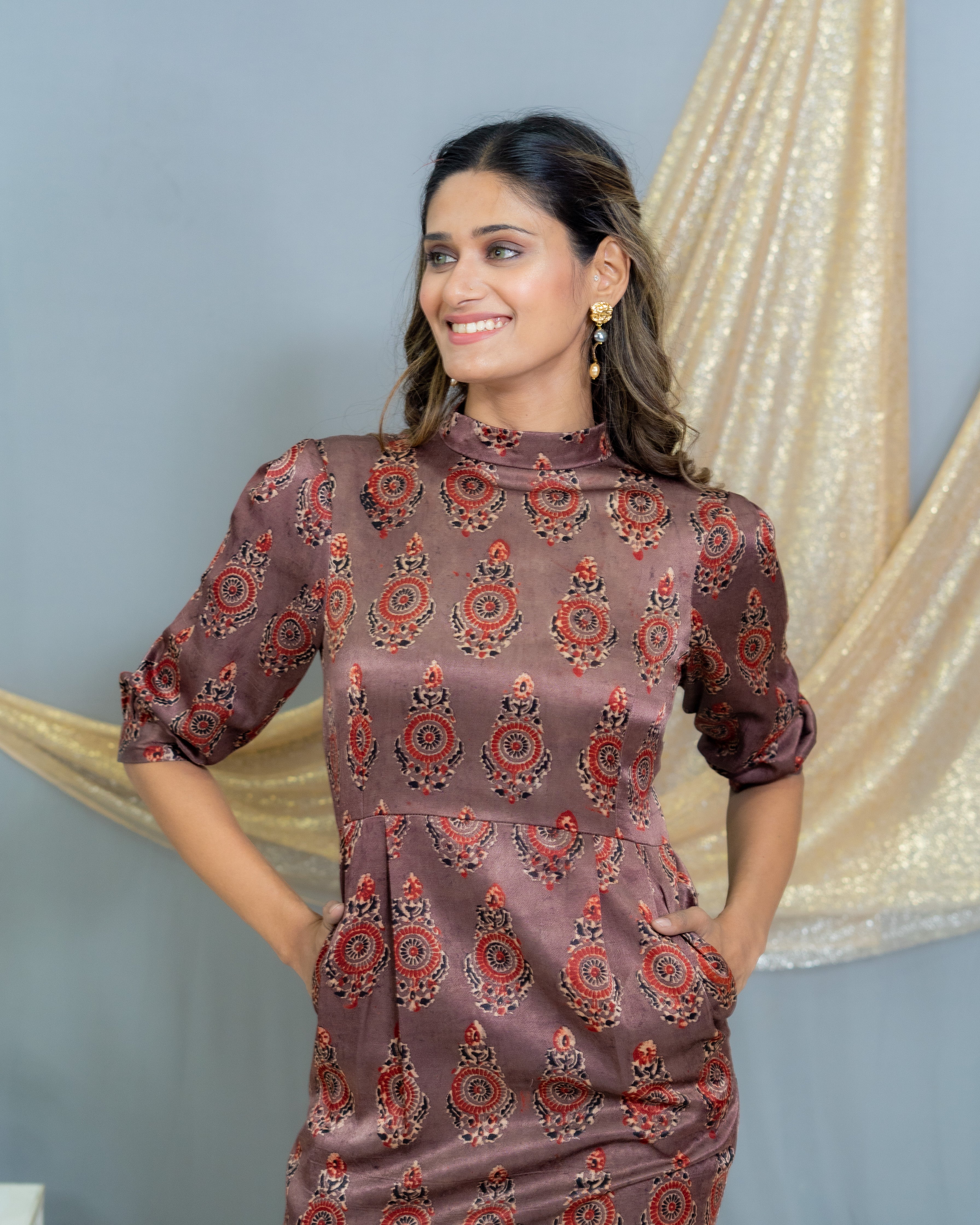 Rose Pink Ajrakh Handblock Printed Mashru Silk Turtle Neck Dress