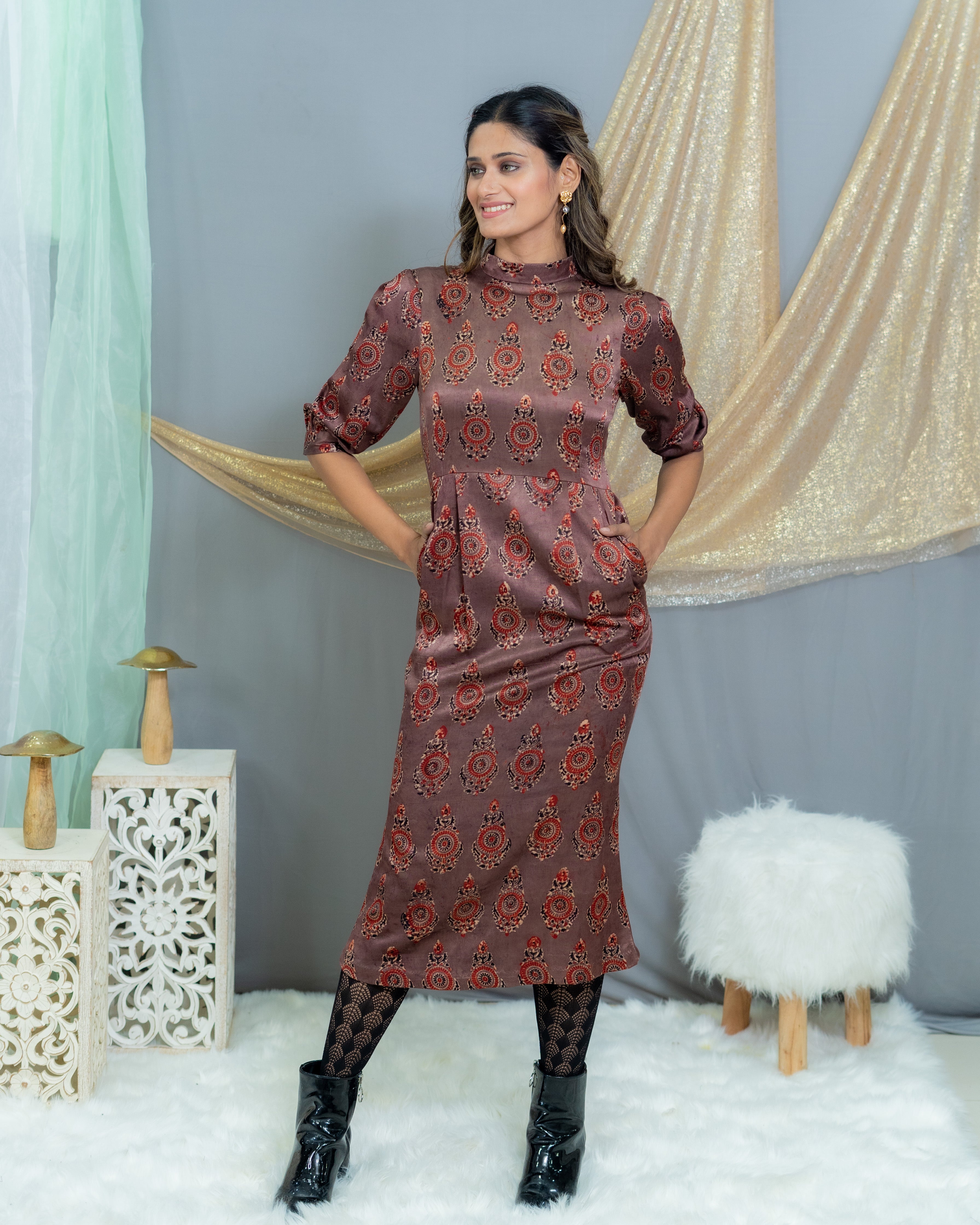 Rose Pink Ajrakh Handblock Printed Mashru Silk Turtle Neck Dress