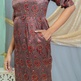 Rose Pink Ajrakh Handblock Printed Mashru Silk Turtle Neck Dress