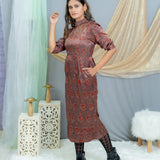 Rose Pink Ajrakh Handblock Printed Mashru Silk Turtle Neck Dress