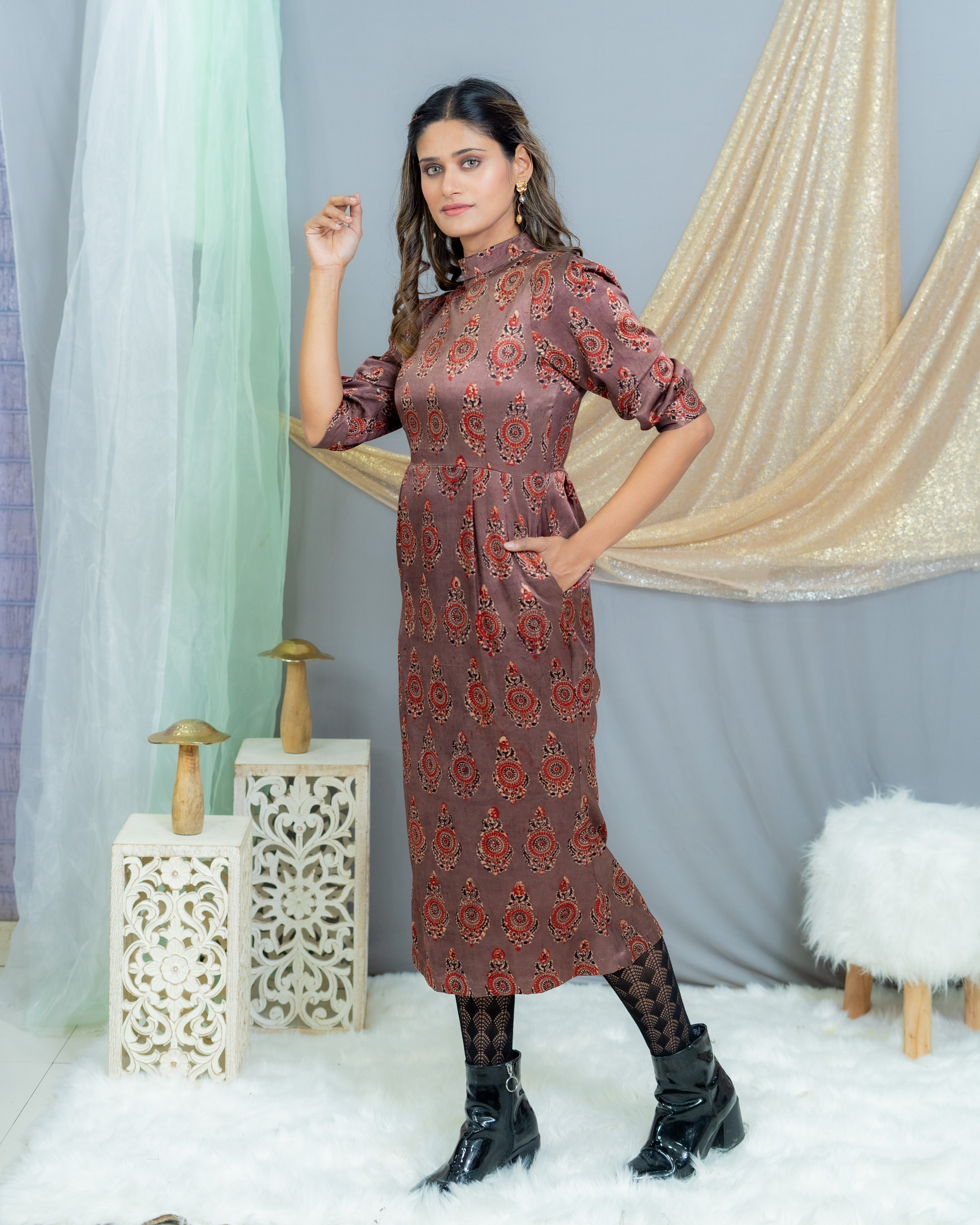 Rose Pink Ajrakh Handblock Printed Mashru Silk Turtle Neck Dress
