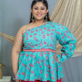Blue sanganeri pink floral one shoiulder top palazzo set