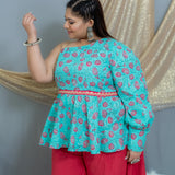 Blue sanganeri pink floral one shoiulder top palazzo set