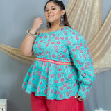 Blue sanganeri pink floral one shoiulder top palazzo set