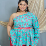 Blue sanganeri pink floral one shoiulder top palazzo set