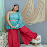 Blue sanganeri pink floral one shoiulder top palazzo set