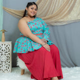 Blue sanganeri pink floral one shoiulder top palazzo set