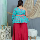 Blue sanganeri pink floral one shoiulder top palazzo set