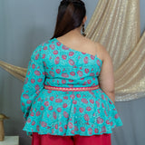 Blue sanganeri pink floral one shoiulder top palazzo set