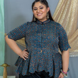 Indigo ajrakh modal silk scallop top with black palazzo set