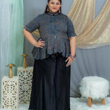 Indigo ajrakh modal silk scallop top with black palazzo set