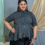 Indigo ajrakh modal silk scallop top with black palazzo set