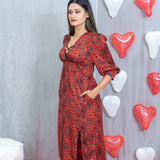 Red Ajrakh Handblock Printed Modal Silk Knee Lenght V-neck Dress