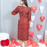 Red Ajrakh Handblock Printed Modal Silk Knee Lenght V-neck Dress