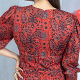 Red Ajrakh Handblock Printed Modal Silk Knee Lenght V-neck Dress