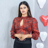 Red Ajrakh Handblock Printed Modal Silk deep neck crop top