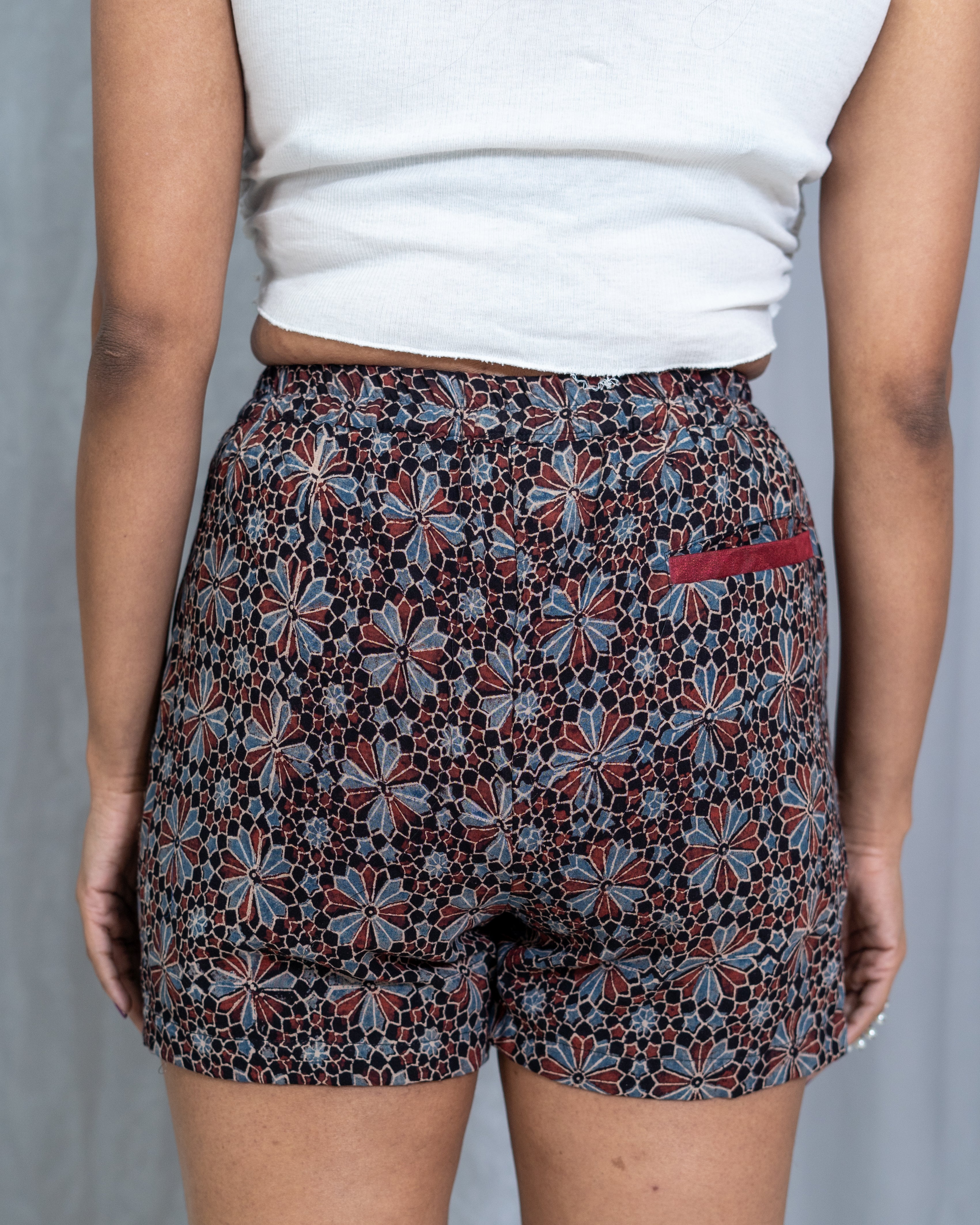 Brown ajrakh floral shorts with belt