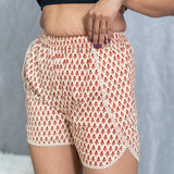 Red bagru handblock cotton shorts with lace
