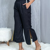 Black Rayon Flare Cotton Pants with Mustard Bagru Handblock patch