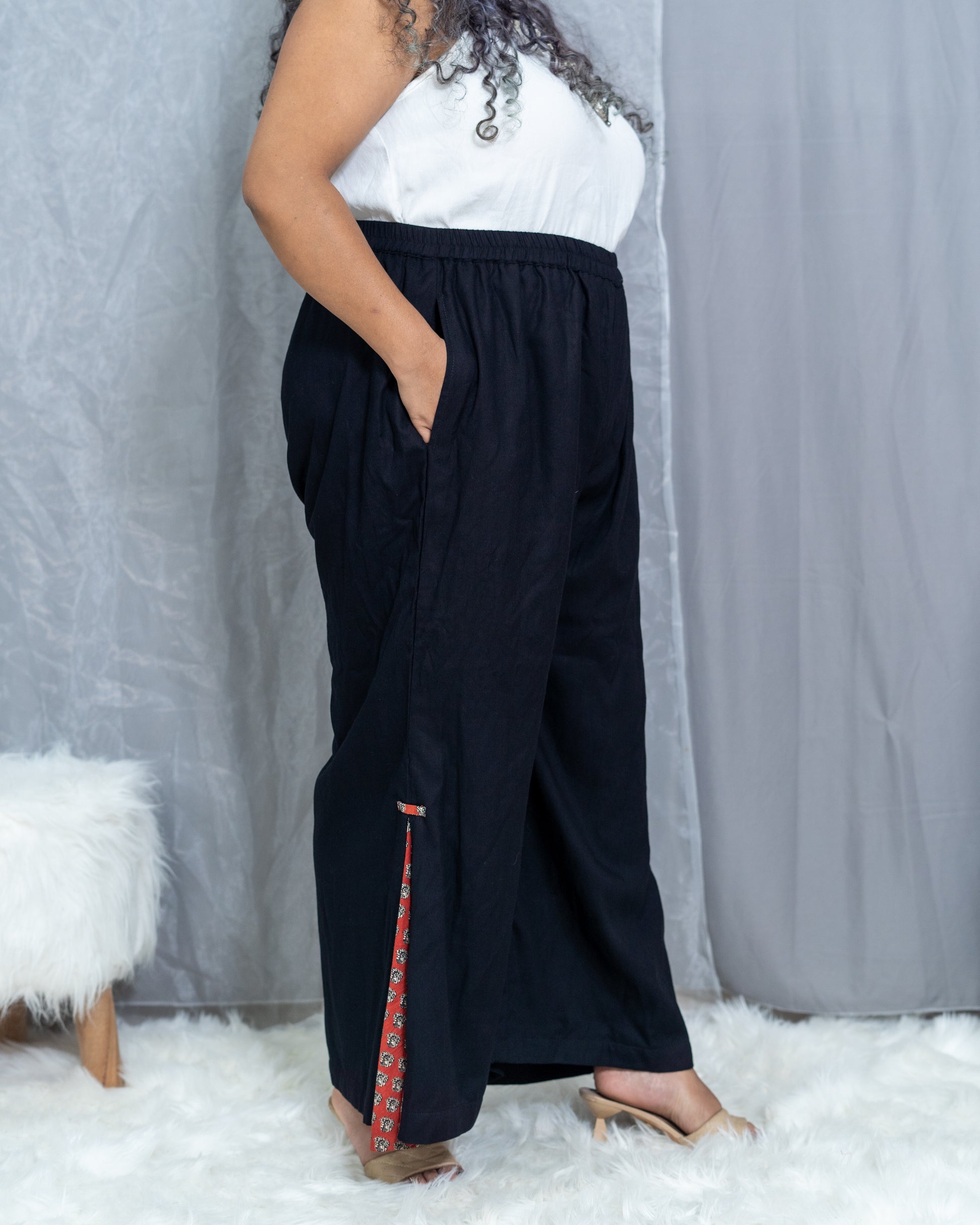 Black Rayon Flare Pants with Red Bagru Handblock patch – Unblockbyjenny