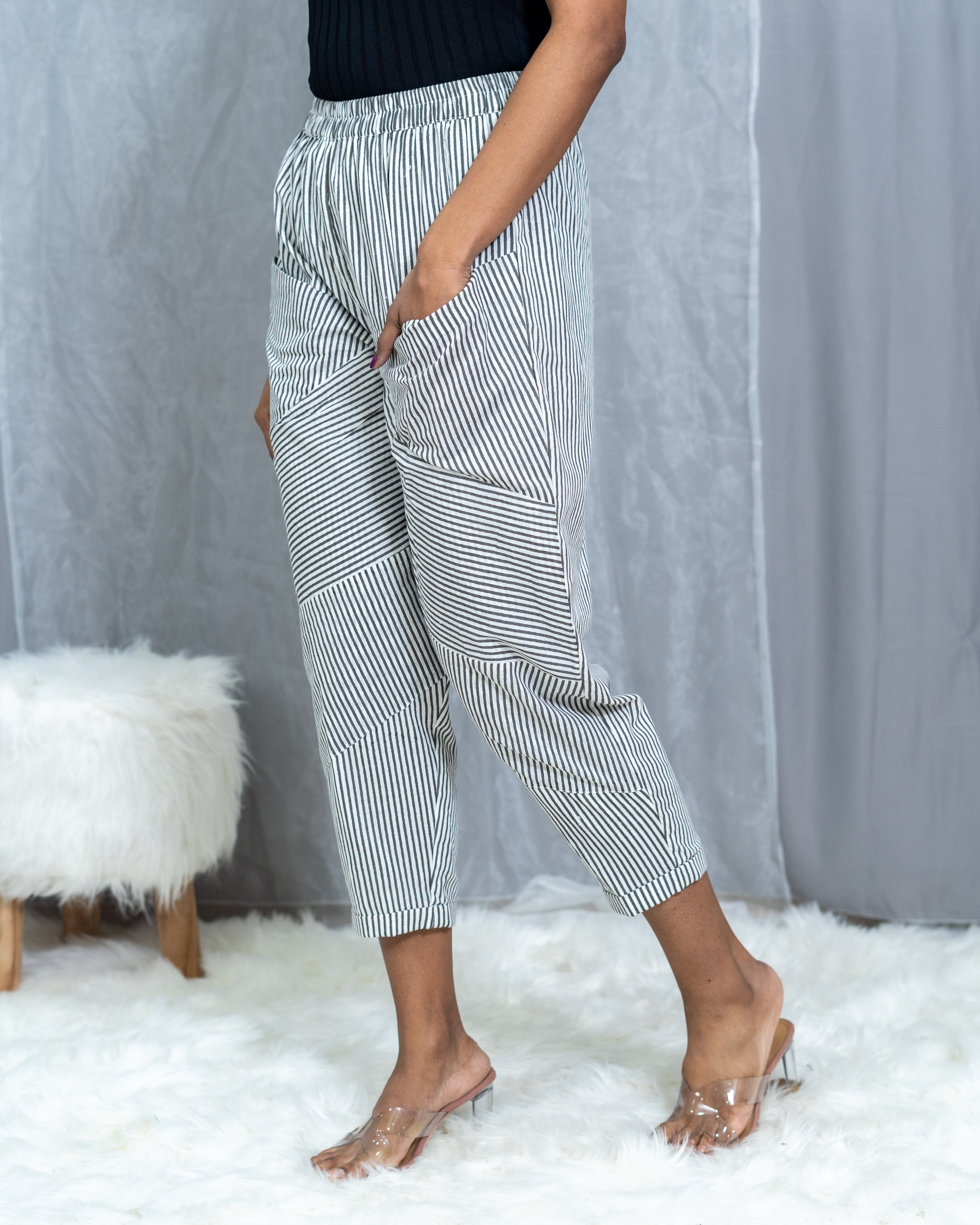 Grey Dabu Handblock  printed striped cotton pants