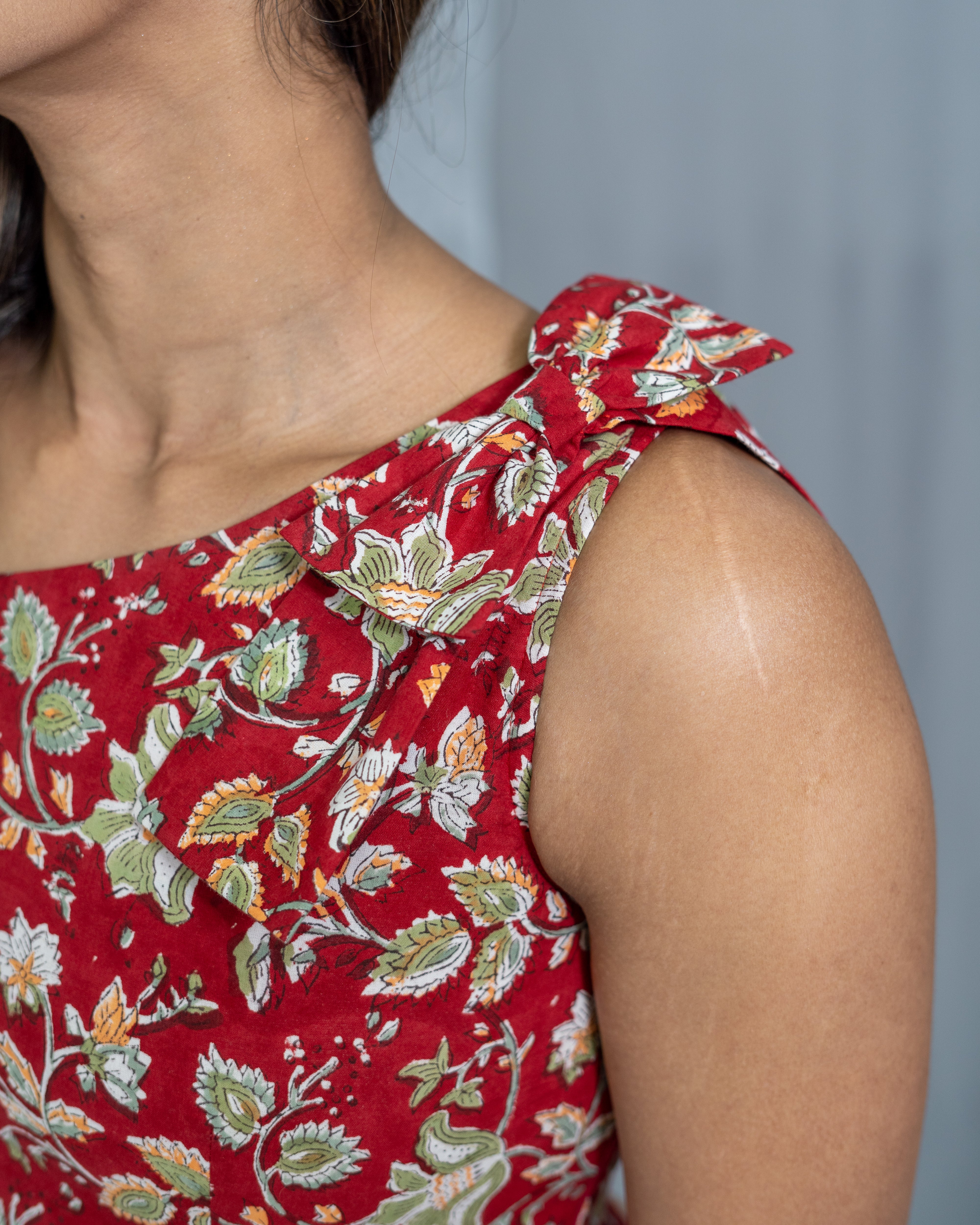 Red sanganeri hand block one shoulder peplum top
