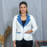 White Cotton Blazer with Blue Bagru Handblock Printed Collar