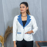 White Cotton Blazer with Blue Bagru Handblock Printed Collar