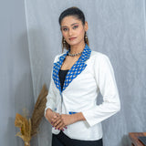 White Cotton Blazer with Blue Bagru Handblock Printed Collar