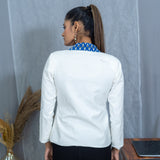 White Cotton Blazer with Blue Bagru Handblock Printed Collar