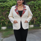 White Cotton Blazer with Kalamkari Handblock printed collar