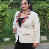 White Cotton Blazer with Kalamkari Handblock printed collar