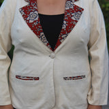 White Cotton Blazer with Kalamkari Handblock printed collar