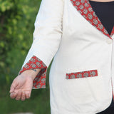 White Cotton Blazer with Red Bagru Handblock Printed Collar