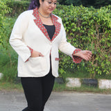 White Cotton Blazer with Red Bagru Handblock Printed Collar