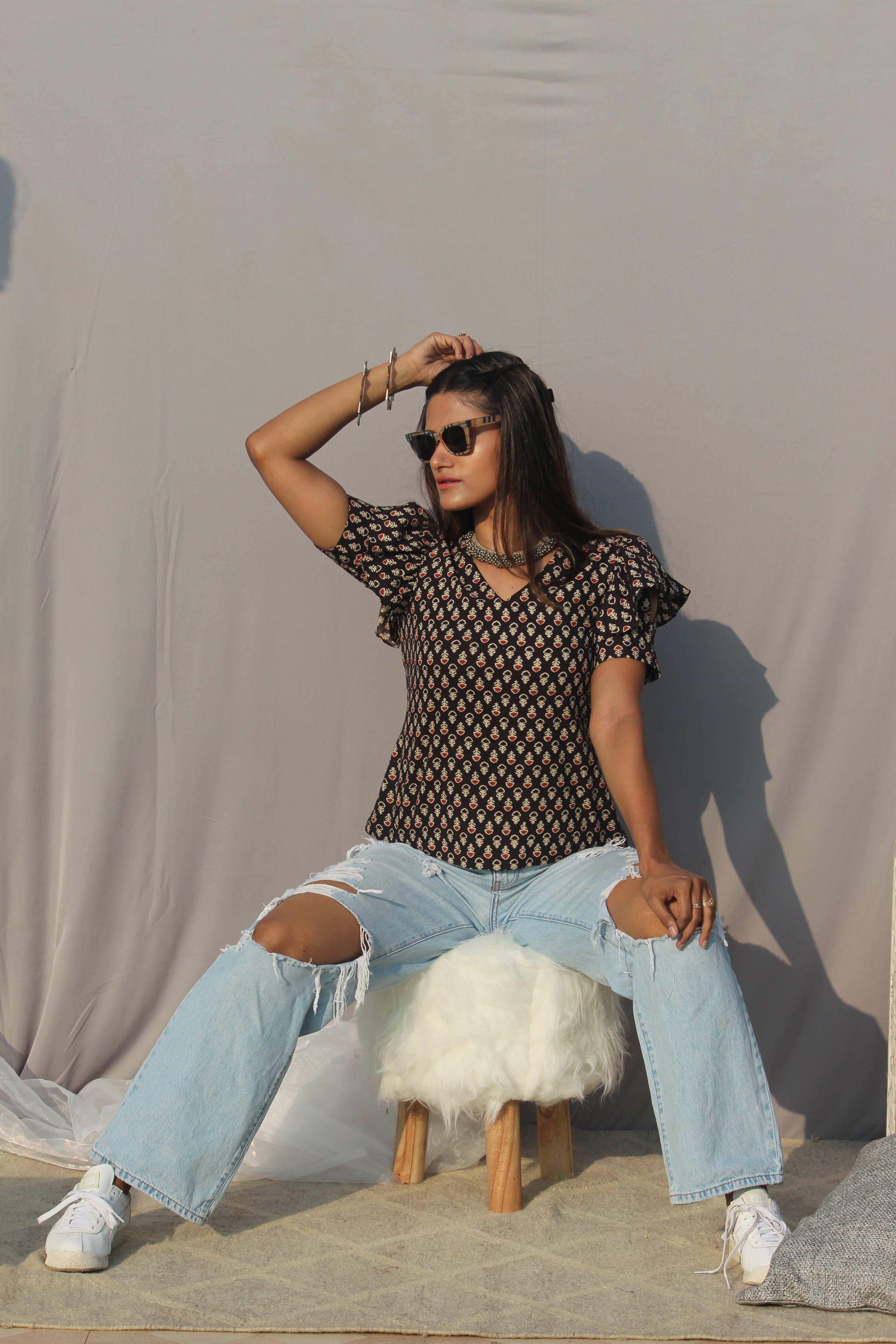 Black bagru Booti Handblock Printed  V-neck Cotton Top with Frill Sleeves