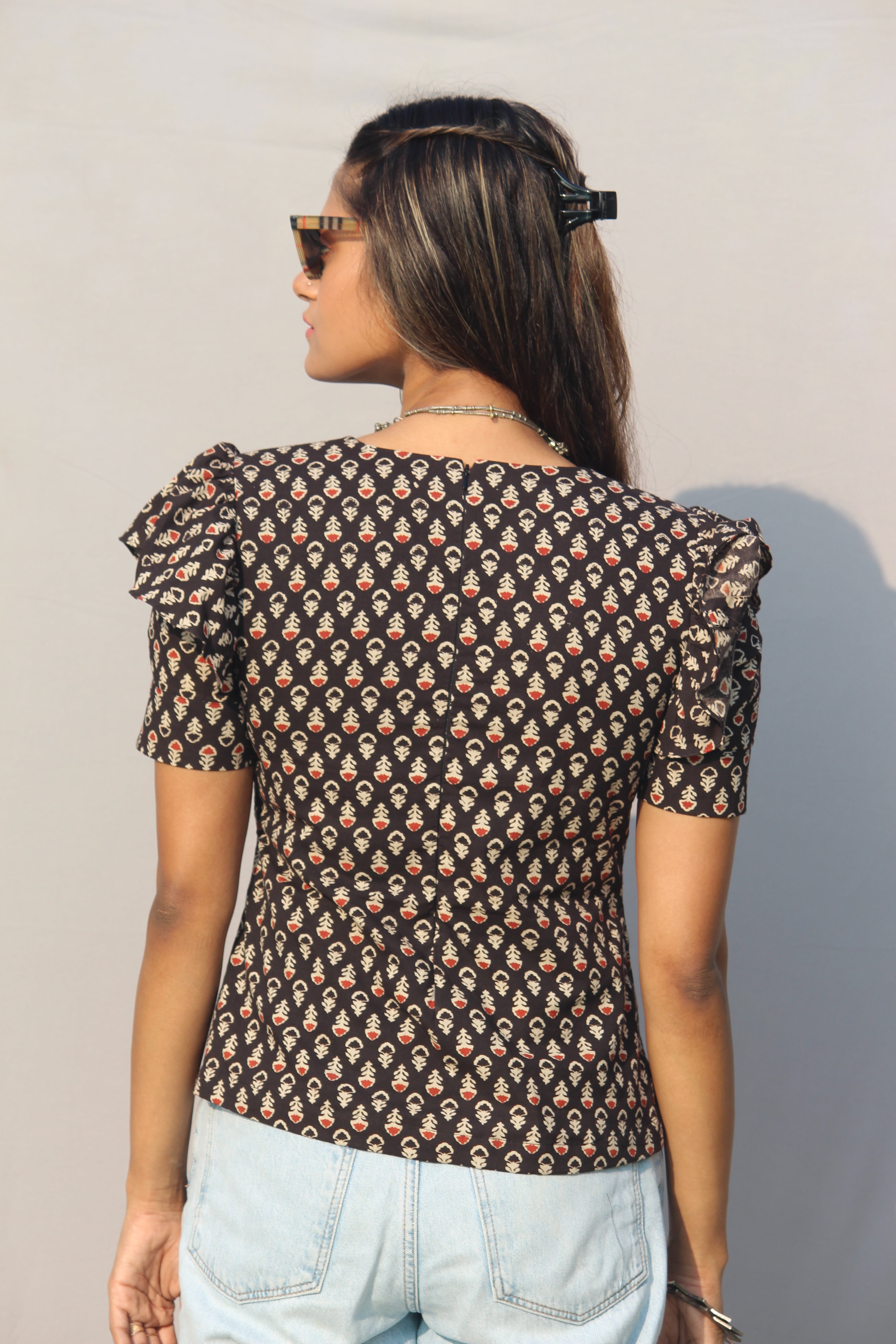 Black bagru Booti Handblock Printed  V-neck Cotton Top with Frill Sleeves