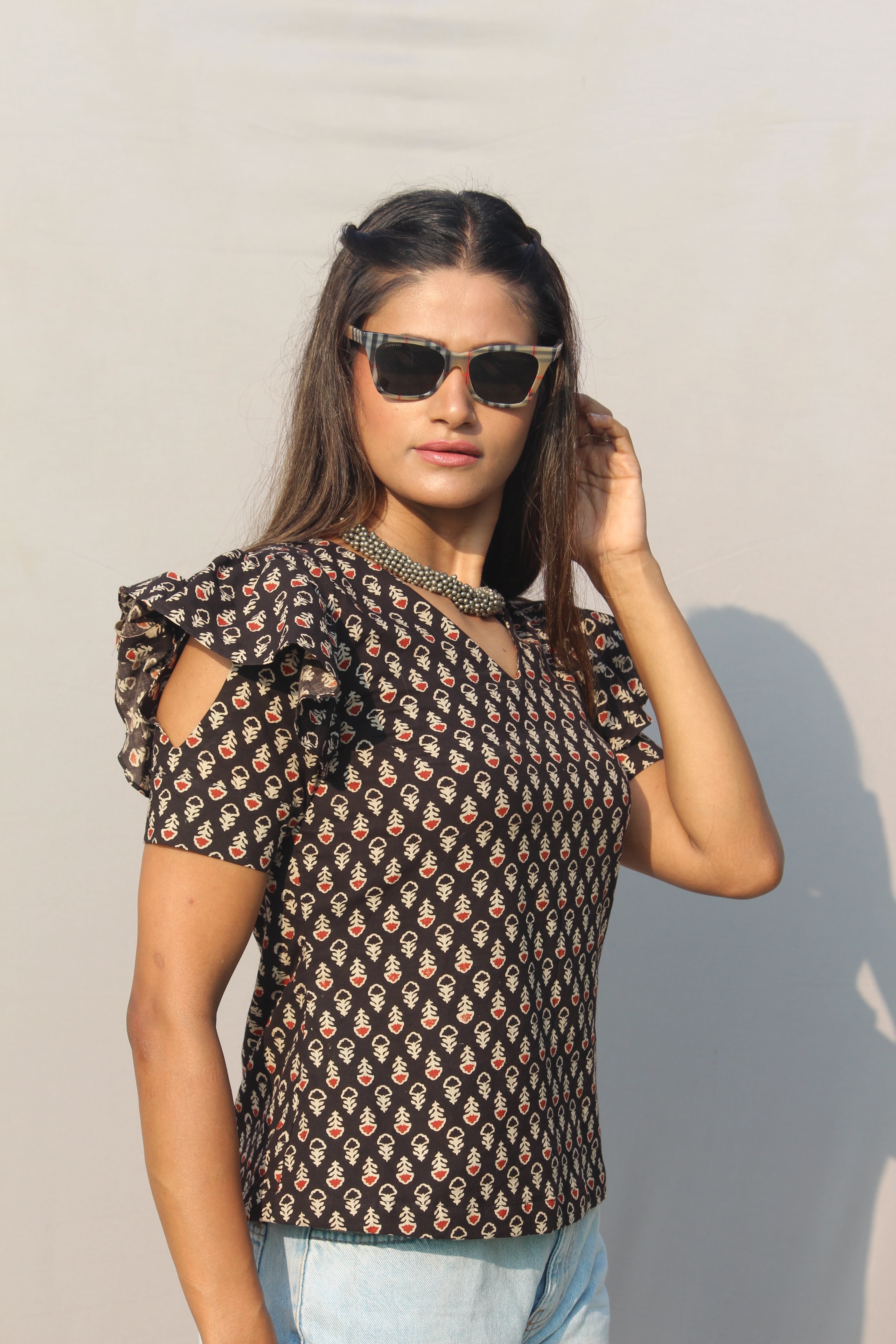 Black bagru Booti Handblock Printed  V-neck Cotton Top with Frill Sleeves