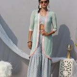 Light Green Sanganeri Handblock Print 3 piece Sharara set with shell lace