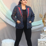 Ajrakh Indigo Handblock Printed Cotton Blazer with Maroon Collar