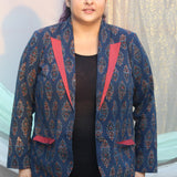 Ajrakh Indigo Handblock Printed Cotton Blazer with Maroon Collar